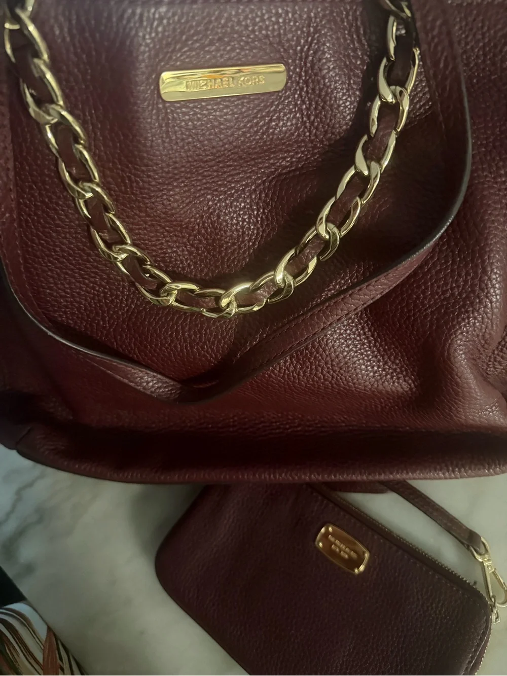 Michael Kors Harper Pebbled Leather Tote in Burgundy with Gold Chain